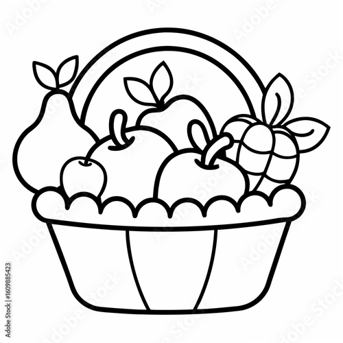 Basket Full of Fruits and Vegetables Coloring Pages – Healthy Food, Nature, Outline, Kids, Printable

