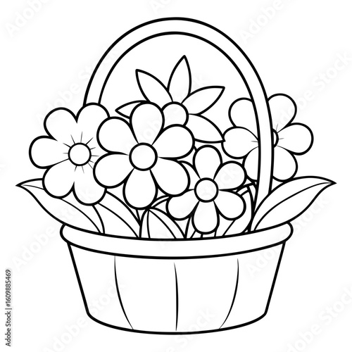 Basket of Flowers Coloring Pages – Floral, Nature, Outline, Kids, Printable, Garden

