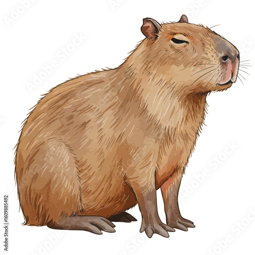 Friendly Capybara Rodent Wildlife Animal Sitting Isolated on White Background