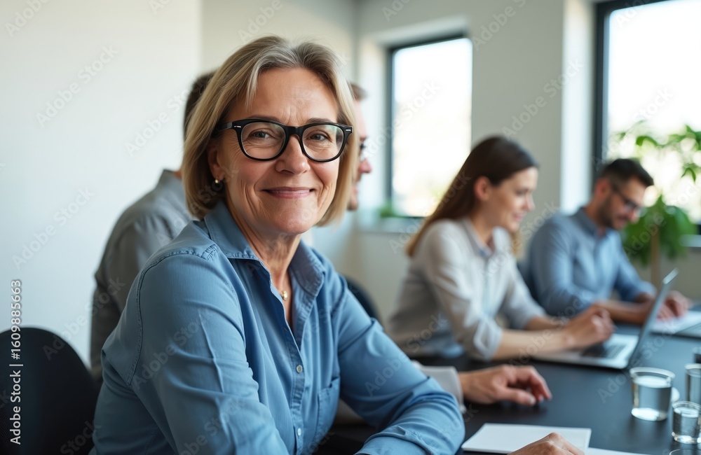 Mature businesswoman smiling in office meeting. Colleagues collaborate at table with laptops. Pro team works together on project. Technology and business setting create productive work environment. Mature businesswoman smiling in office meeting. Colleagues collaborate at table with laptops. Pro team works together on project. Technology and business setting create productive work environment.