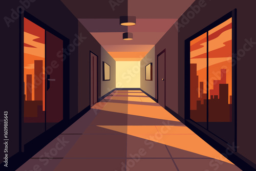 Long, empty hotel corridor at night with dim interior lights illuminating the doors and carpeted floor, emphasizing the vast architectural design