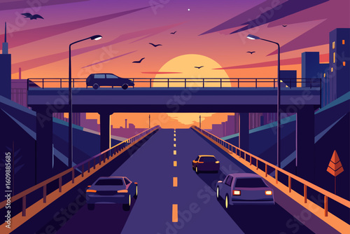 Nighttime traffic streaks across the illuminated city bridge over the river
