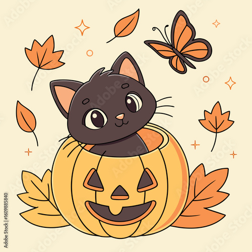 Charming cat peers from a pumpkin amidst leaves and butterfly on a soft background