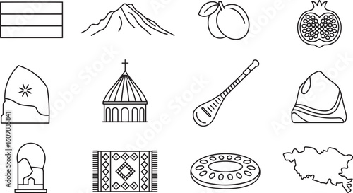 Armenian Cultural Heritage Icons Set Outline Style National Symbols Landmarks Traditions