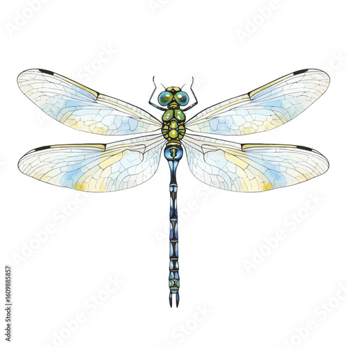 Detailed Green and Blue Dragonfly Illustration with Spread Wings Isolated on White Background