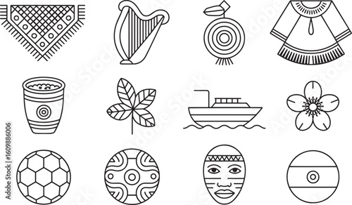 Colombian Poncho, Harp, Bird, Dress, Cup, Leaf, Boat, Flower, Soccer Ball, Mask, and Flag Icon Set