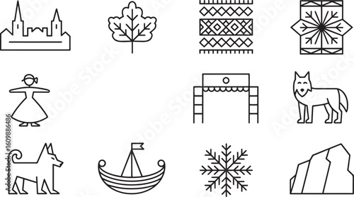 Icelandic Cultural Heritage Icons Set Outline Style National Symbols Landmarks Traditions