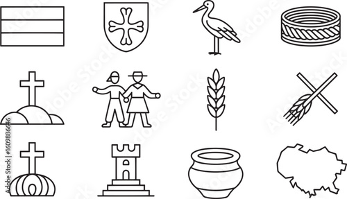 Latvian Flag, Coat of Arms, Stork, Ring, Cross, Couple, Wheat, Pot, Tower, and Lithuania Outline Icon Set