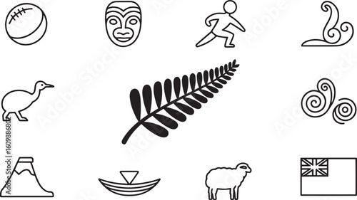 New Zealand National Symbols Outline Icons Set Cultural Heritage and Landmarks Vector Art