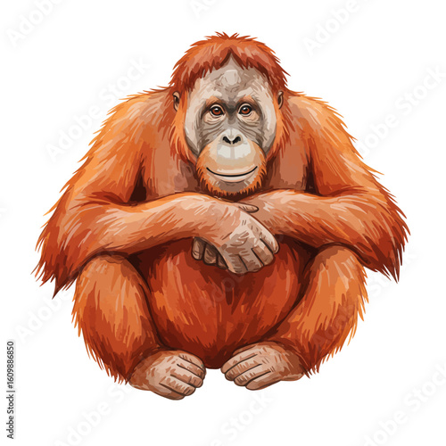 Friendly Orangutan Sitting Calmly Isolated Cute Primate Ape Wildlife Animal Illustration