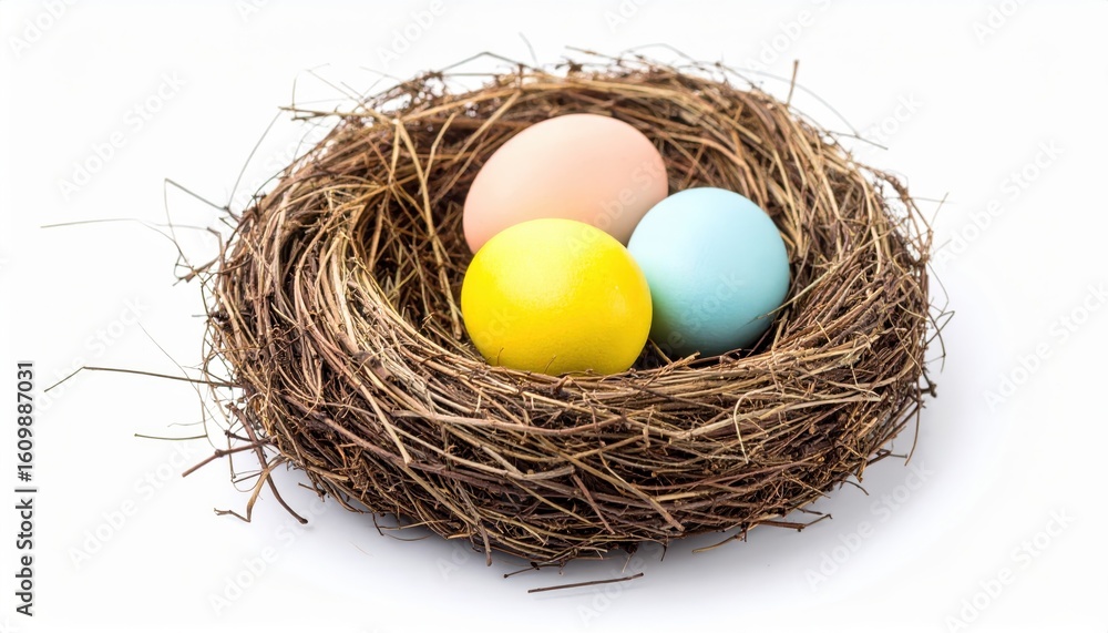 Colorful Easter Eggs Nestled in a Natural Nest on a White Background Colorful Easter Eggs Nestled in a Natural Nest on a White Background