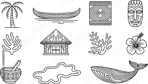 Polynesian Culture Outline Icons Set Palm Tree Canoe Textile Mask Leaf Hut Coral Whale