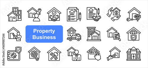 Property Business editable stroke icon set. Tenant, Contract, Mortgage, Home rent, Ownership, Home inspection, Property agent, Advertising