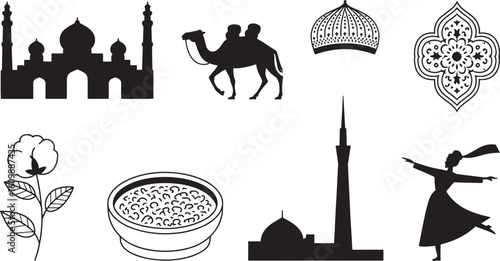 Uzbekistan Cultural Icons Set: Architectural Landmarks, Traditional Food, and Dance Forms
