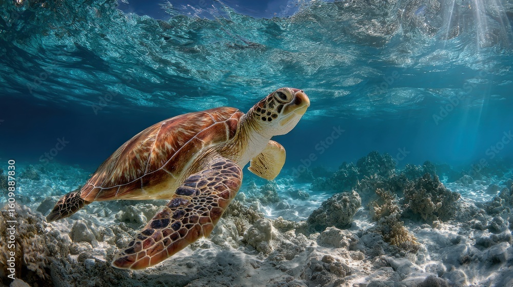 Fototapeta premium Majestic Sea Turtle in a Vibrant Coral Reef