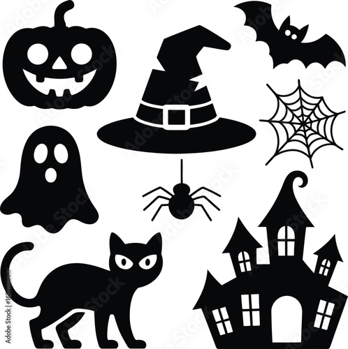 This spooky vector set features Halloween icons like pumpkins, bats, ghosts, and witches, perfect for your autumn holiday designs