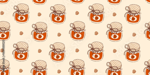 Homemade jam jar seamless pattern. Vintage raspberry jam in a glass jar background. Kitchen, cooking, preserves pattern. Paper, fabric design.