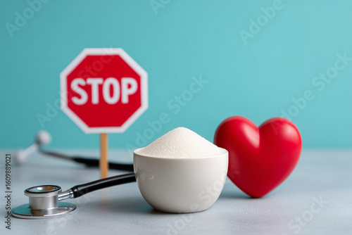 An illustration of a stop sign, stethoscope, heart and sugar, highlighting the dangers of too much sugar for a healthy heart