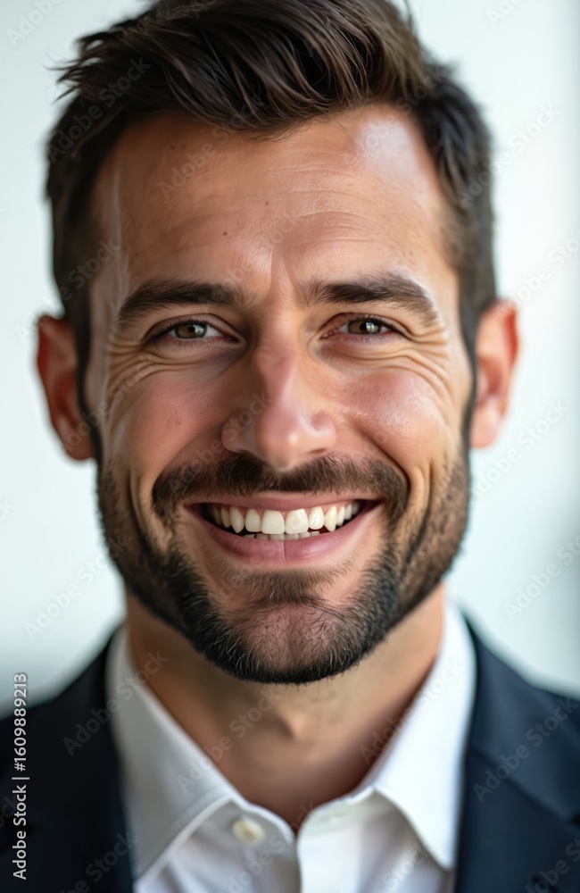 Fototapeta premium Bearded businessman smiles confidently. Handsome man wears formal suit and white shirt. Pro entrepreneur poses in studio. Career, finance, management and success.