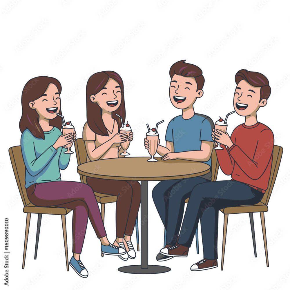 Obraz premium 4 friends sit at a round table enjoying milkshakes in a bright cheerful setting