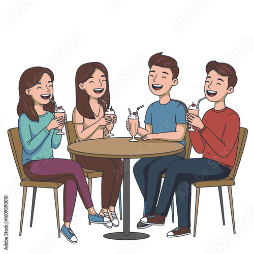 4 friends sit at a round table enjoying milkshakes in a bright cheerful setting