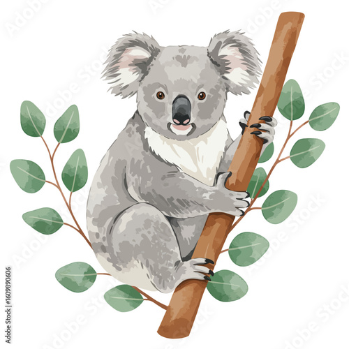Cute watercolor koala illustration with eucalyptus leaves Australian wildlife animal