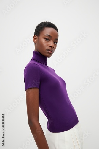 Young Black Woman in Purple Turtleneck Sweater - Studio Portrait