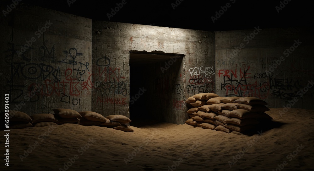 Fototapeta premium Exploring abandoned bunker with sandbags and graffiti art in the dark of night for urban exploration