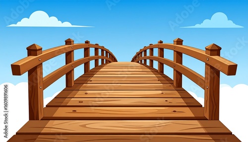 Wooden bridge extending to a distant horizon under a bright blue sky