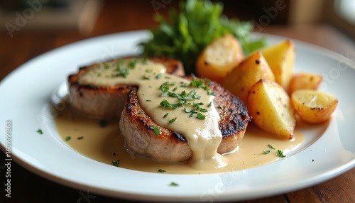 Juicy pork medallions with creamy peppercorn sauce, roasted potatoes. Savoury pork meat, rich sauce, tender potato wedges garnished with fresh parsley. Delicious meal, artful plating for fine dining,