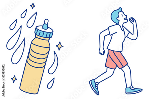 Avoid dehydration with illustrated icons showing water bottles and sweating prevention tips, modern flat illustration style