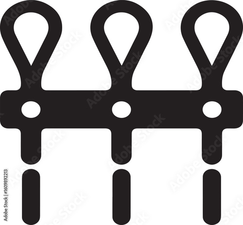 Three identical metal clips on a horizontal bar silhouette