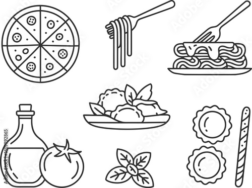 Hand drawn italian food icons featuring pizza pasta lasagna and more