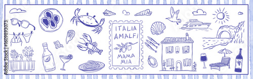 Charming Italian coastal life scene with seafood, balcony, lobster, house, seagull, yacht and pasta. Mediterranean symbols with summer vacation mood. Relaxed crayon sketch vector illustration.