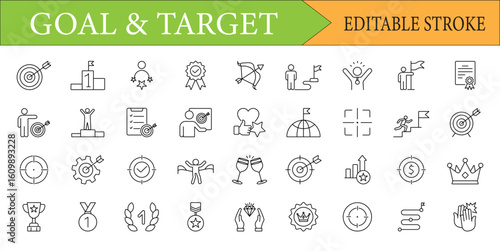 Goal and Target Line Icon Set | Success and Achievement Vector Icons