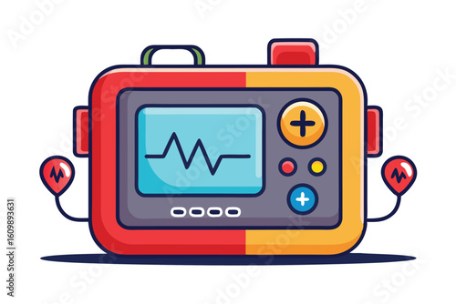 Cartoon Defibrillator Illustration Depicting Medical Device Used to Restore Heart Rhythm in Emergency Situations and Healthcare Settings