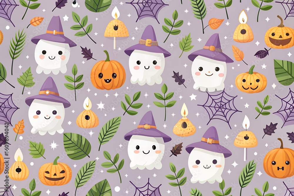 Naklejka premium A charming halloween seamless pattern with adorable ghosts wearing purple witch hats and happy pumpkins