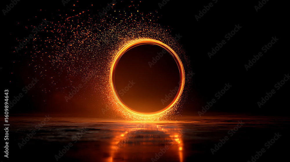 Naklejka premium Abstract Orange Glowing Ring with Sparkles on Dark Background Dynamic Energy Light Effect circle
