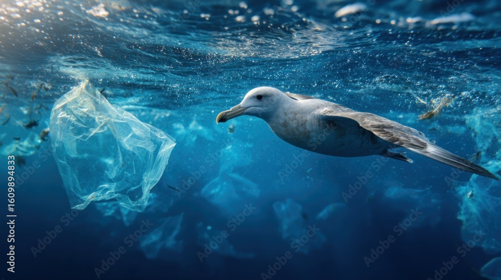 Obraz premium Ocean Pollution: A Seabird's Struggle