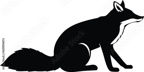 Sleek Black Fox Illustration - Sitting Side Profile Wildlife Vector