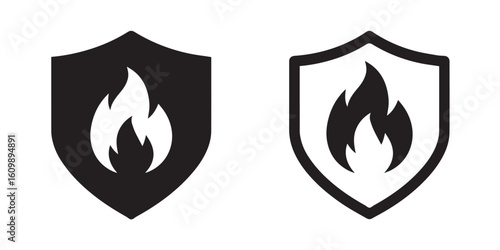 Fire Protection Shield Icons – Black and White Flame Symbols in Security Badge Shape for Safety and Risk Prevention Design
