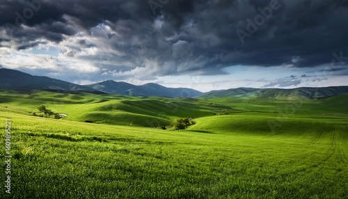 vibrant green fields under dramatic cloudy sky nature landscape vast serenity contrast atmosphere vista outdoors scenic terrain meadow pasture