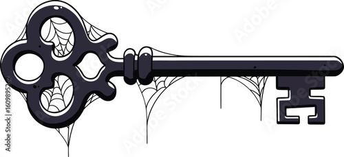 Vintage ornate skeleton key with cobwebs and classic design in black and gray tones vector illustration