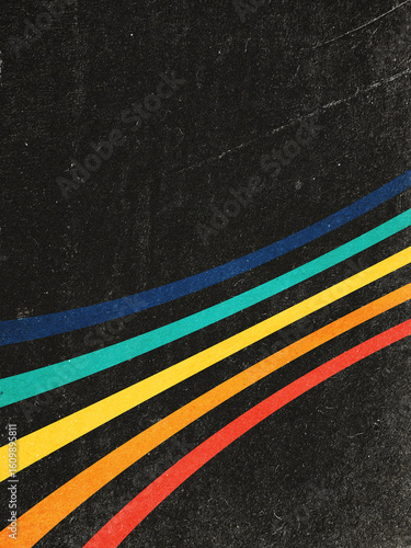 Vintage retro design with colorful lines, stripes on black background, inspired by VHS Color aesthetics. Includes paper texture, dust, noise, scratches. Perfect for retro branding and media art.