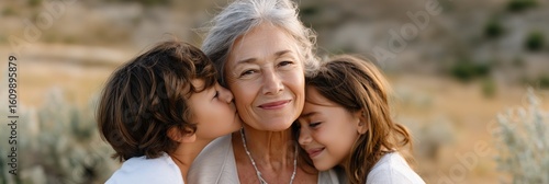 Elderly caucasian woman embraced by two children in serene outdoor setting