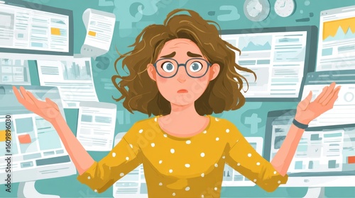 Woman overwhelmed by paperwork and screens