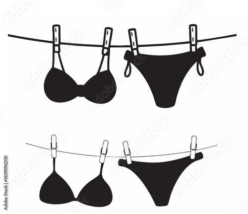 Black drying swimsuit hanging on a rope. Bra and panties underwear laundry on the clothesline, summer beach bikini linocut doodle. Italian summer vacation doodle style illustrations