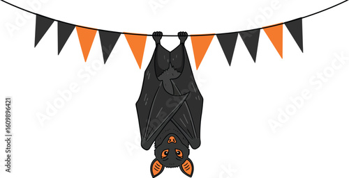 Halloween bat hanging upside down with orange and black flags decoration vector illustration