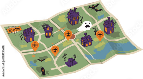 Halloween spooky village map with haunted houses ghosts bats and graveyard landmarks illustration vector design
