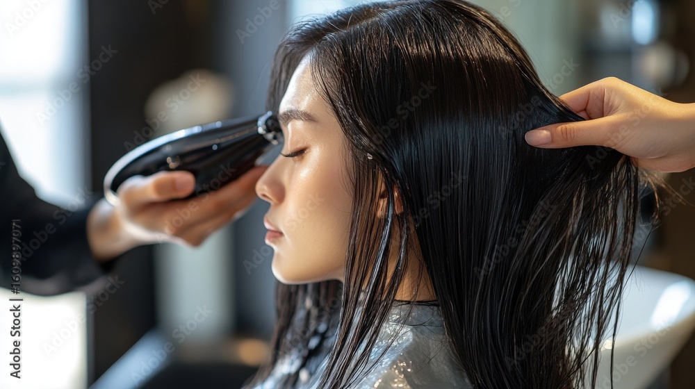 Fototapeta premium Woman receiving a hair treatment at a salon.